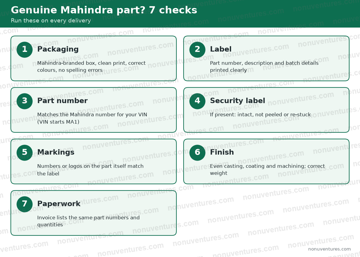 Seven-point checklist to identify genuine Mahindra parts: packaging, label, part number, security label, markings, finish, paperwork