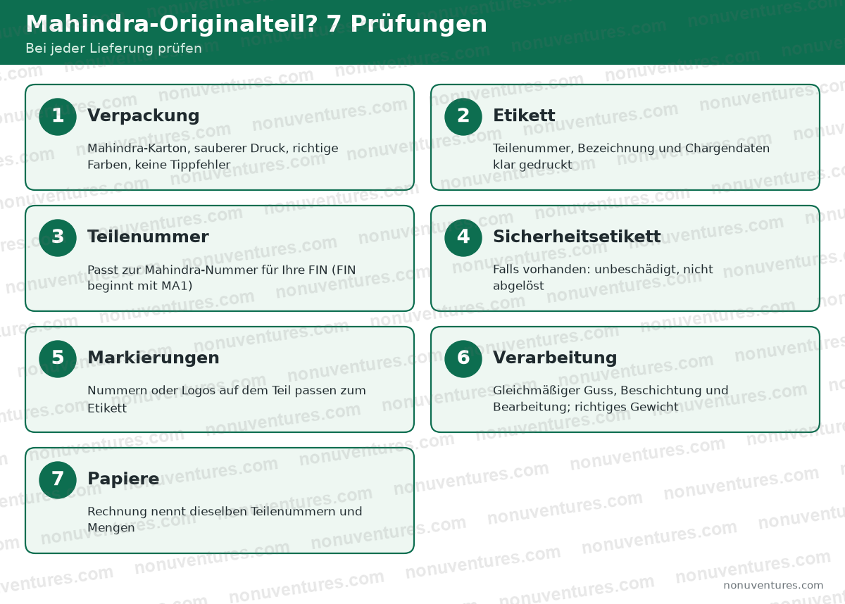 Checkliste mit sieben Punkten für originale Mahindra-Ersatzteile: Verpackung, Etikett, Teilenummer, Sicherheitsetikett, Markierungen, Verarbeitung, Papiere