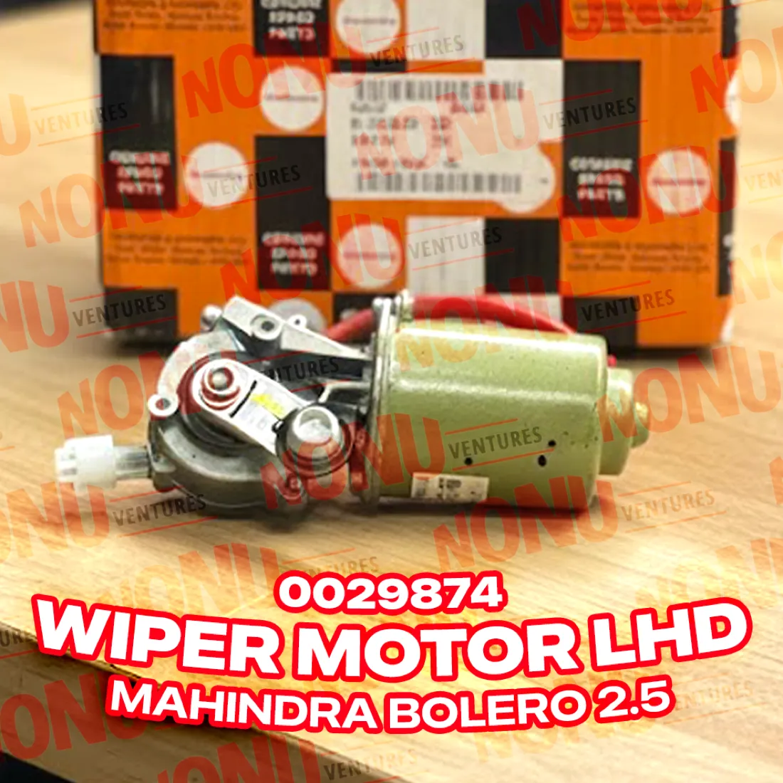 0029874 Wiper Motor LHD | Mahindra Bolero OEM | Nonu Ventures Wiper Motor LHD product photo — Mahindra OEM 0029874 for Mahindra Bolero — Nonu Ventures